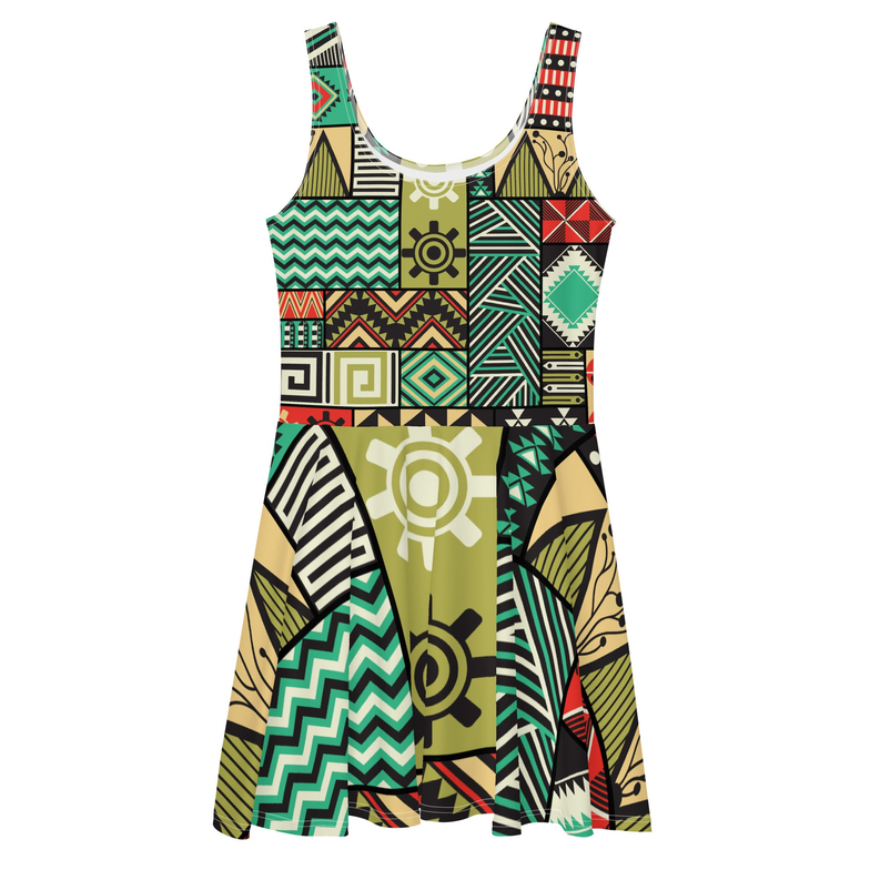 Green African Fabric Patch Work Skater Dress Adirelounge