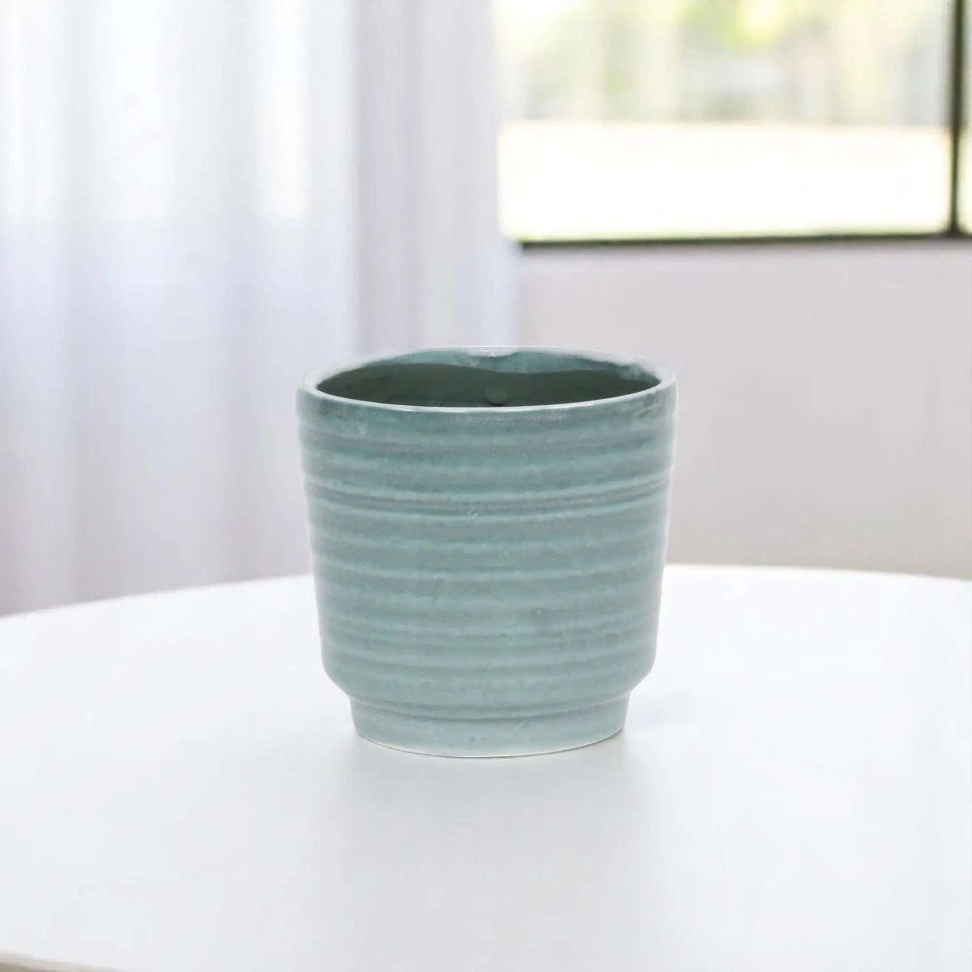 Green Ceramic 23 Ounce Striped Round Distressed Pot Planter GreatEagleInc