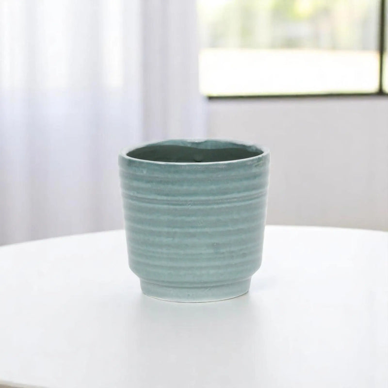 Green Ceramic 23 Ounce Striped Round Distressed Pot Planter GreatEagleInc