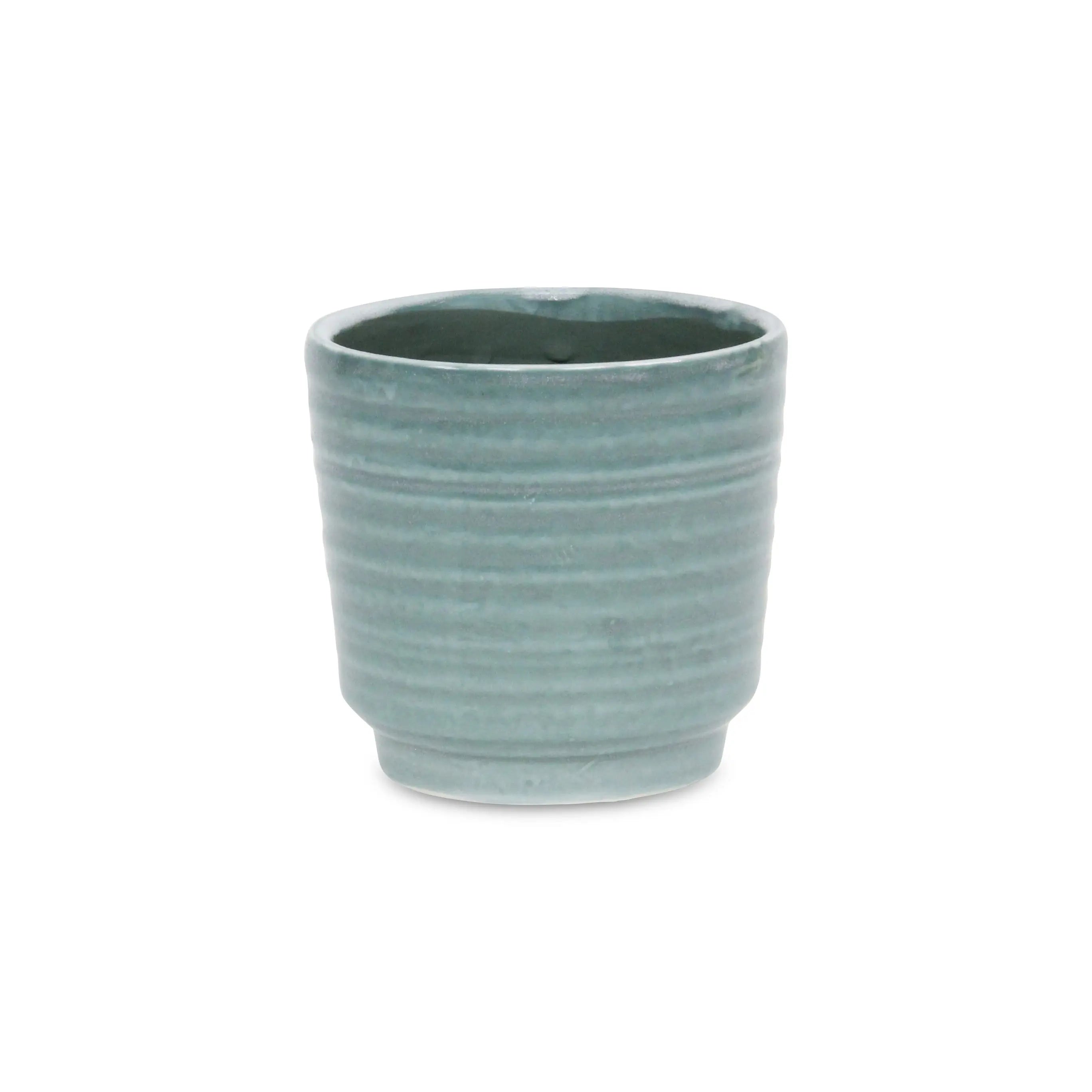 Green Ceramic 23 Ounce Striped Round Distressed Pot Planter GreatEagleInc