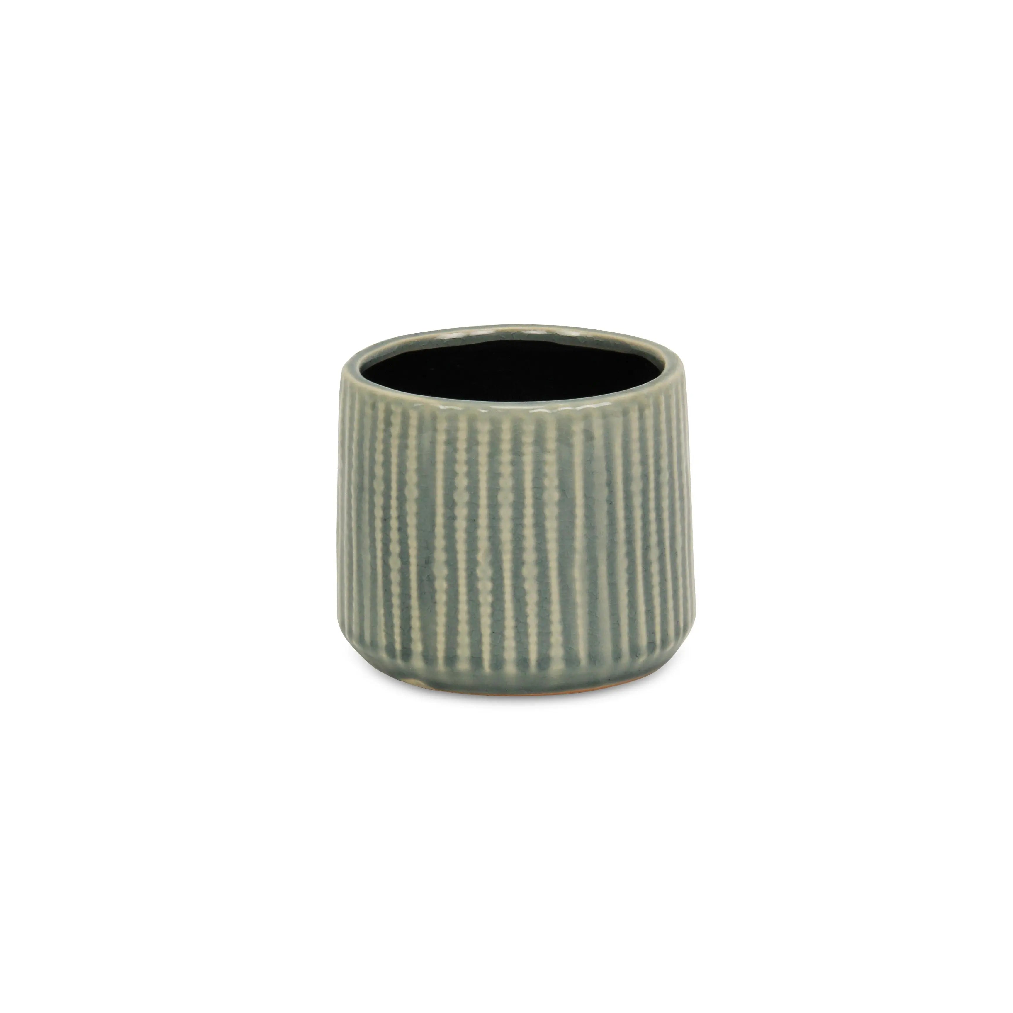 Green Ceramic 25 Ounce Striped Round Distressed Pot Planter GreatEagleInc
