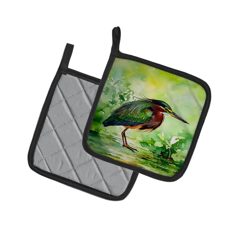 Green Heron Pair of Pot Holders Caroline's Treasures