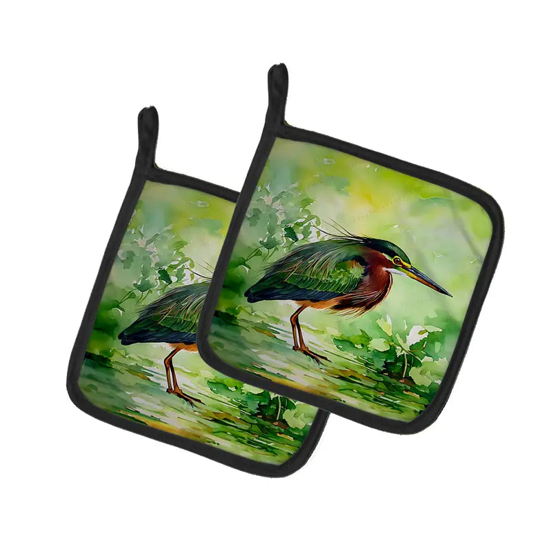 Green Heron Pair of Pot Holders Caroline's Treasures