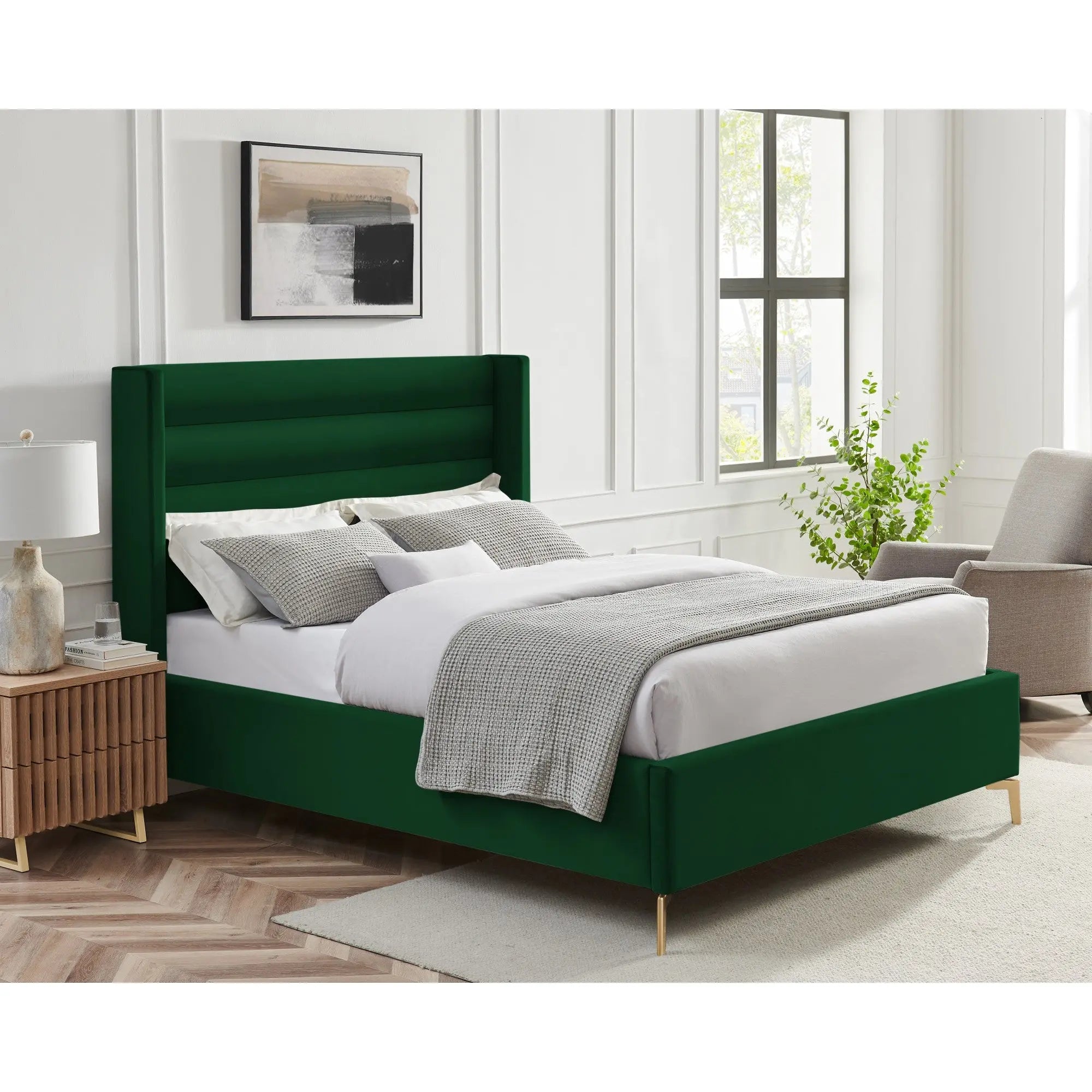 Green Velvet Upholstered Queen Bed Frame Homeroots Bed & Bath