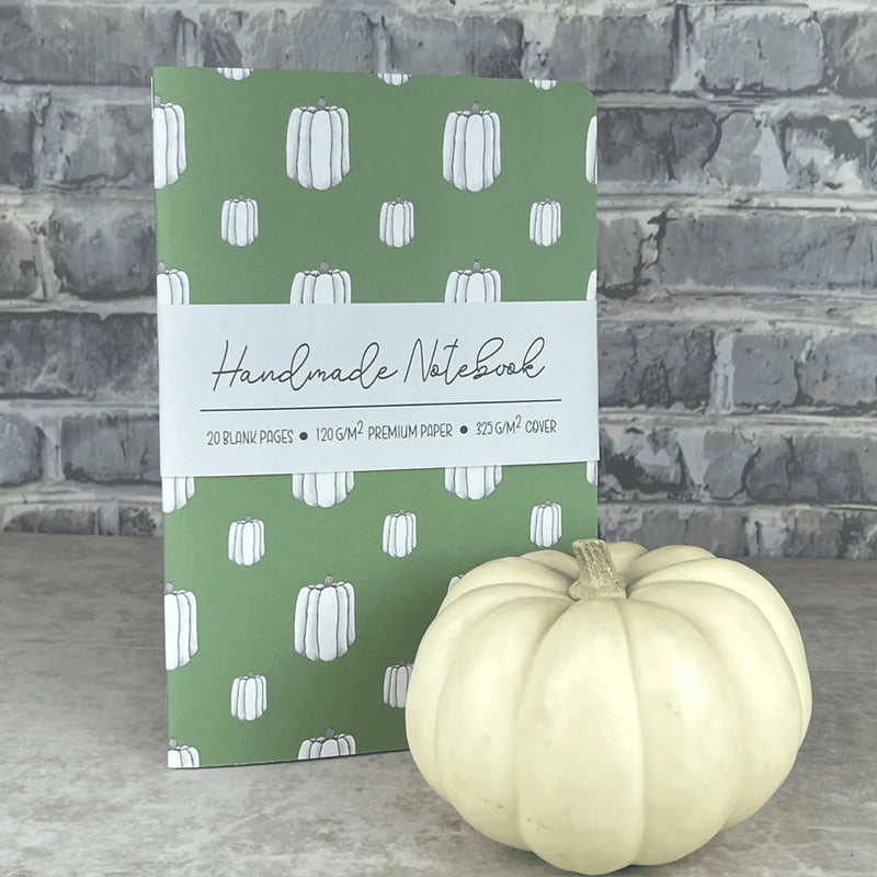 Green White Pumpkins Pattern - A5 ish sizeHandmade Saddle Bound Notebook Art by Erica H