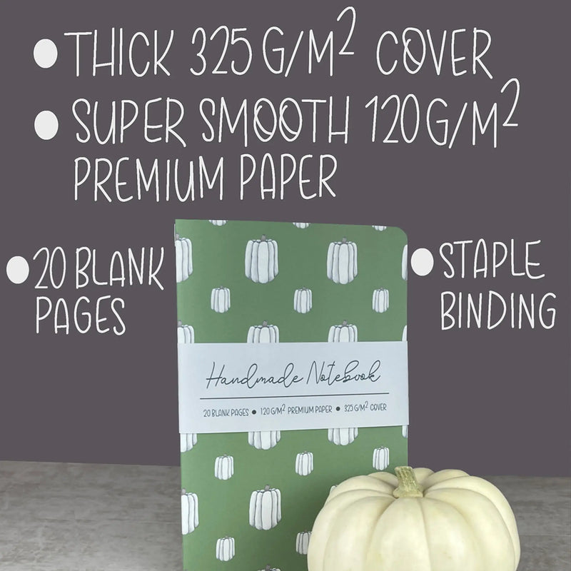 Green White Pumpkins Pattern - A5 ish sizeHandmade Saddle Bound Notebook Art by Erica H