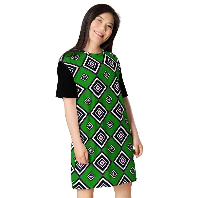 Green and Black African Design Summer T-shirt dress Adirelounge