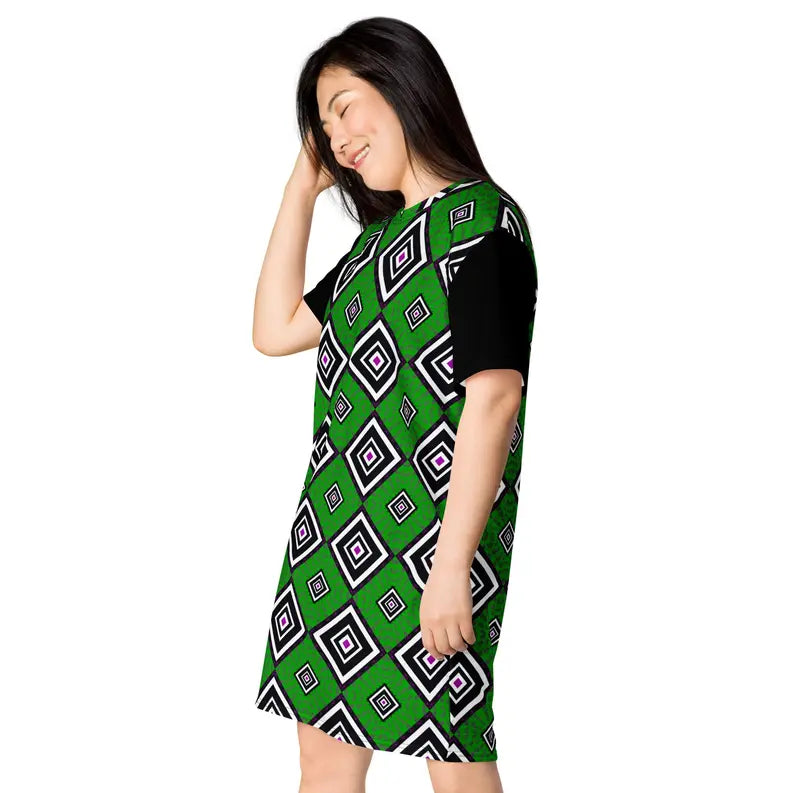 Green and Black African Design Summer T-shirt dress Adirelounge