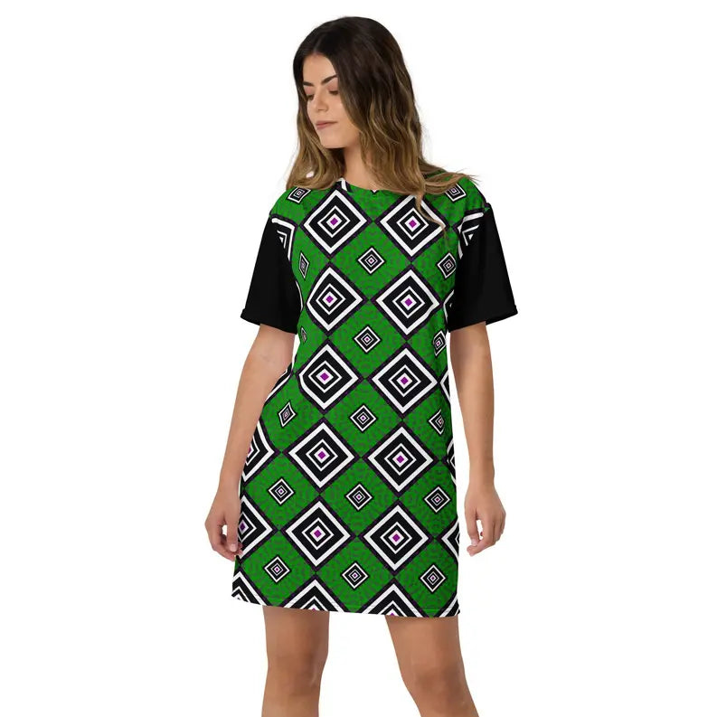 Green and Black African Design Summer T-shirt dress Adirelounge