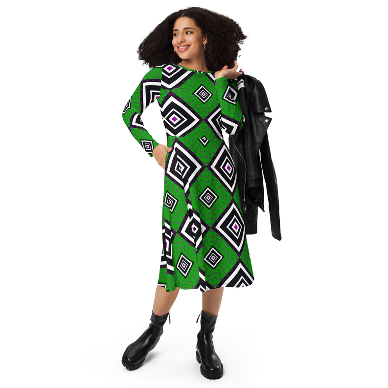 Green and Black Ankara Long Sleeve Midi Dress Adirelounge