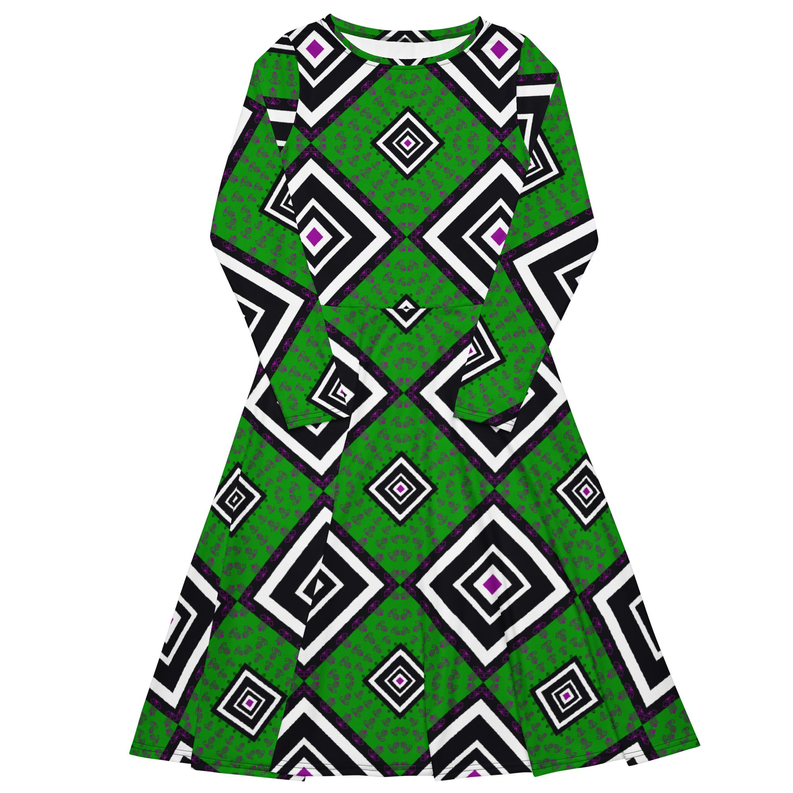 Green and Black Ankara Long Sleeve Midi Dress Adirelounge