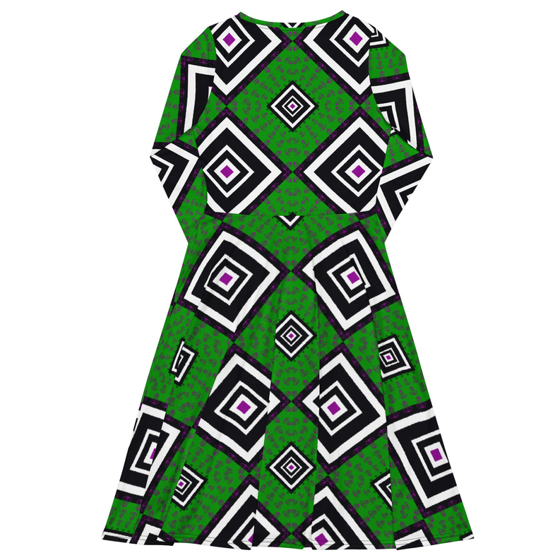Green and Black Ankara Long Sleeve Midi Dress Adirelounge