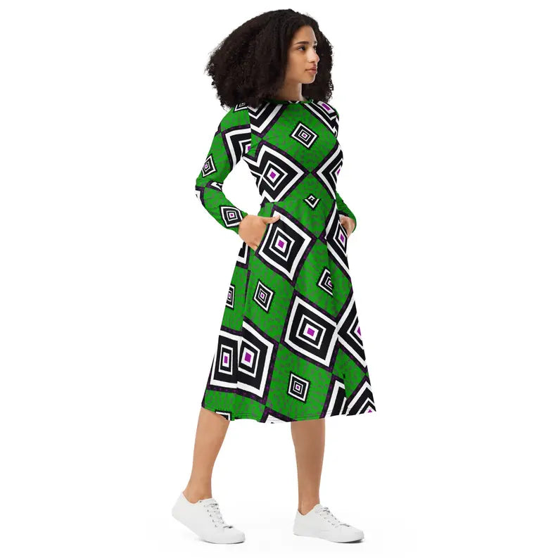 Green and Black Ankara Long Sleeve Midi Dress Adirelounge