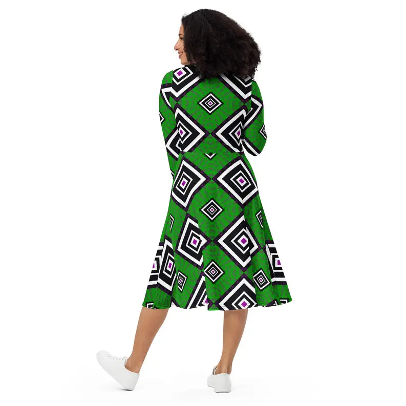 Green and Black Ankara Long Sleeve Midi Dress Adirelounge