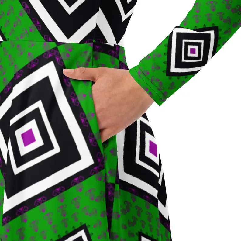 Green and Black Ankara Long Sleeve Midi Dress Adirelounge