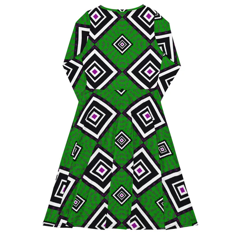 Green and Black Ankara Long Sleeve Midi Dress Adirelounge