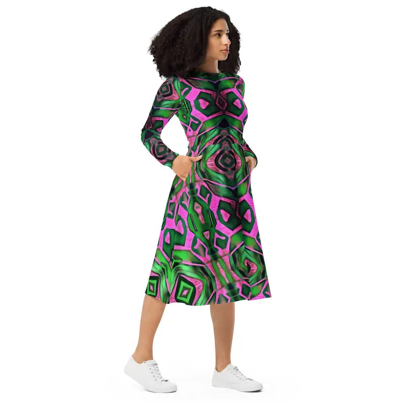 Green and Pink Batik Print Longsleeve Midi Dress Adirelounge