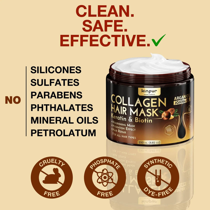 Hair Mask for Dry Damaged Hair with Collagen Biotin Argan Oil   Helps Repair Hair and Reduce Damage from Heat Sun Coloring   Moisturizing Keratin Hair Mask for Split Ends Hair Loss and Breakage Kinpur Organic Cosmetics