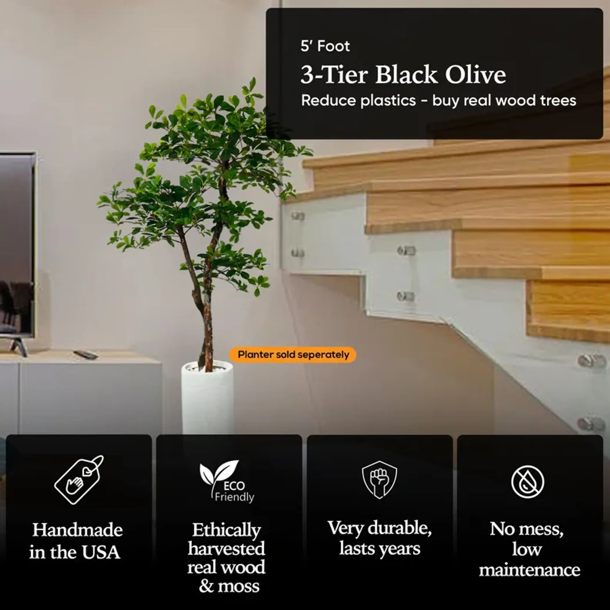 Handmade 5' Black Olive Leaf Artificial Tree with Ethically Sourced Real Wood Trunks United Supply Industries