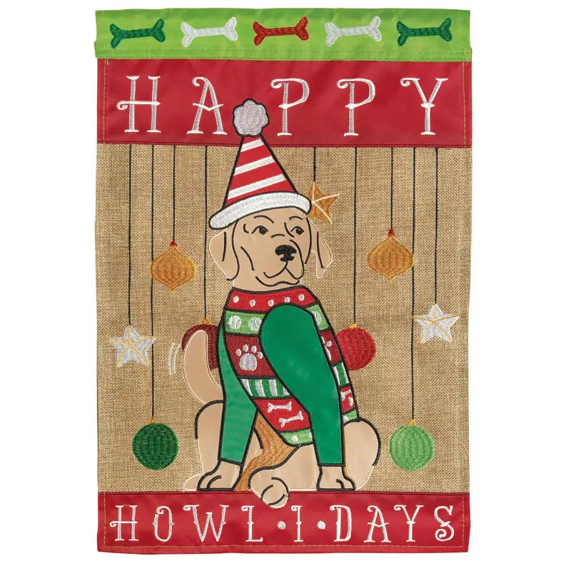 Happy Howlidays Dog Burlap Double Applique Garden Flag Dicksons Inc