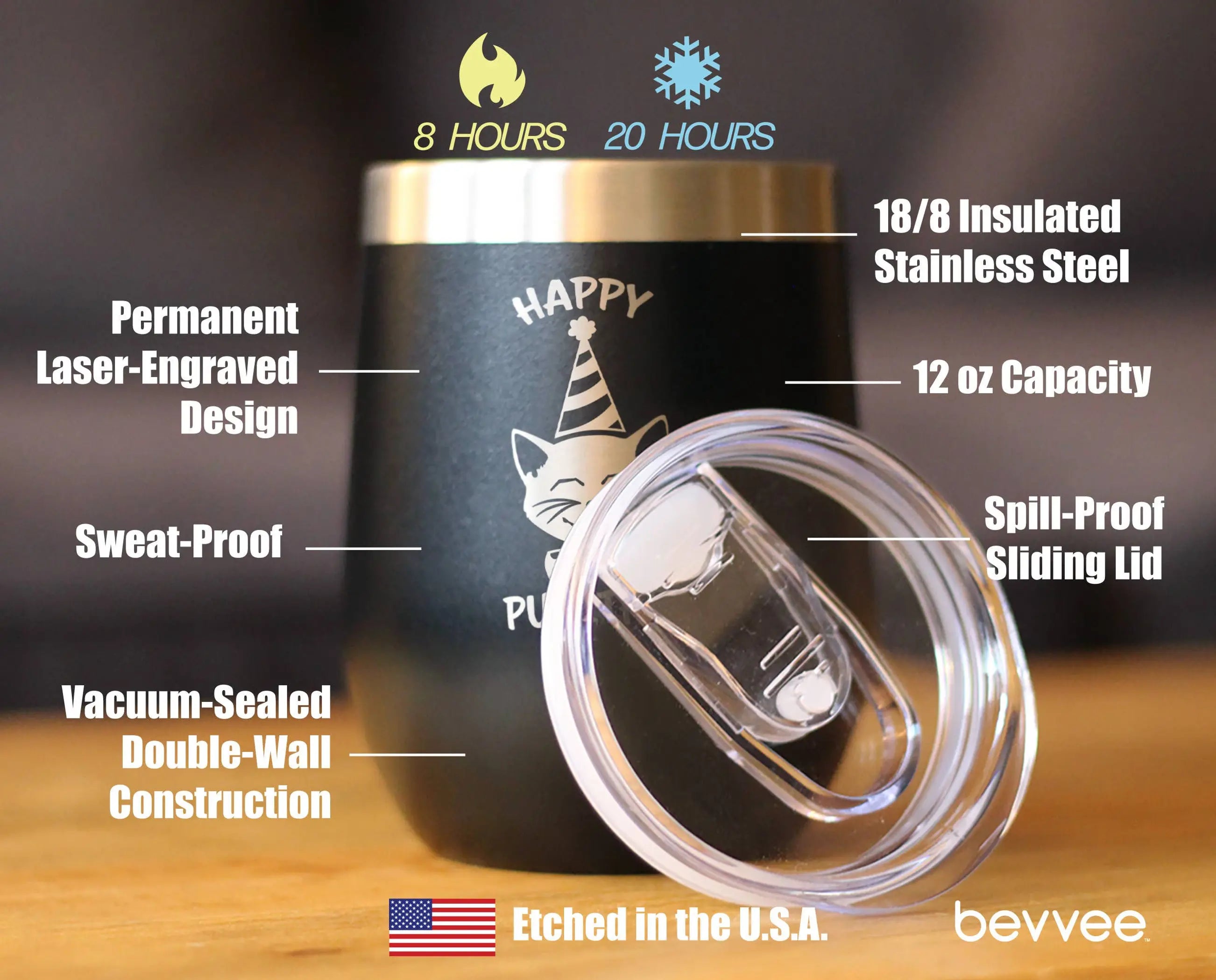 Happy Purrthday Insulated Wine Tumbler - Cat Birthday Gifts Bevvee