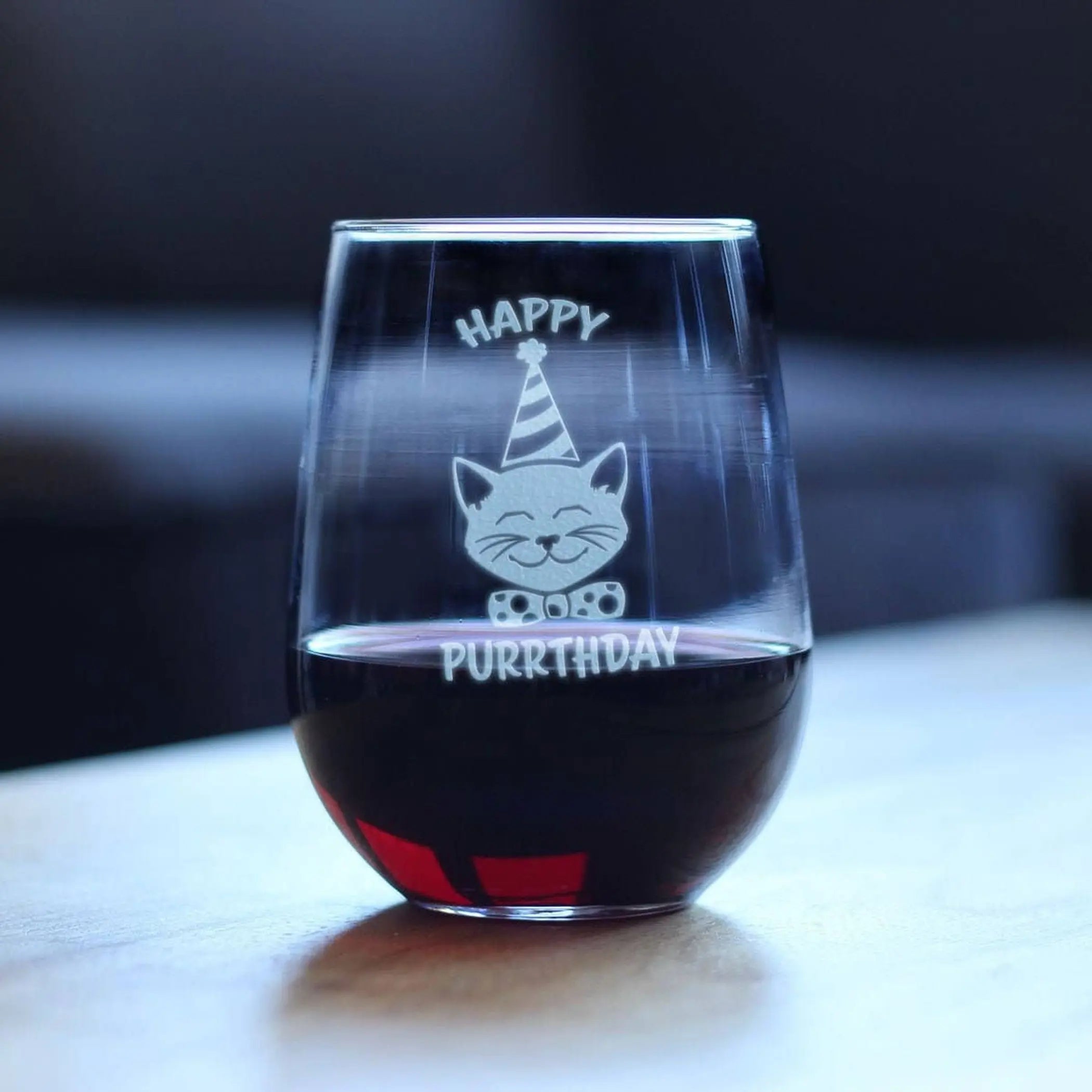 Happy Purrthday Stemless Wine Glass - Cat Birthday Gifts Bevvee
