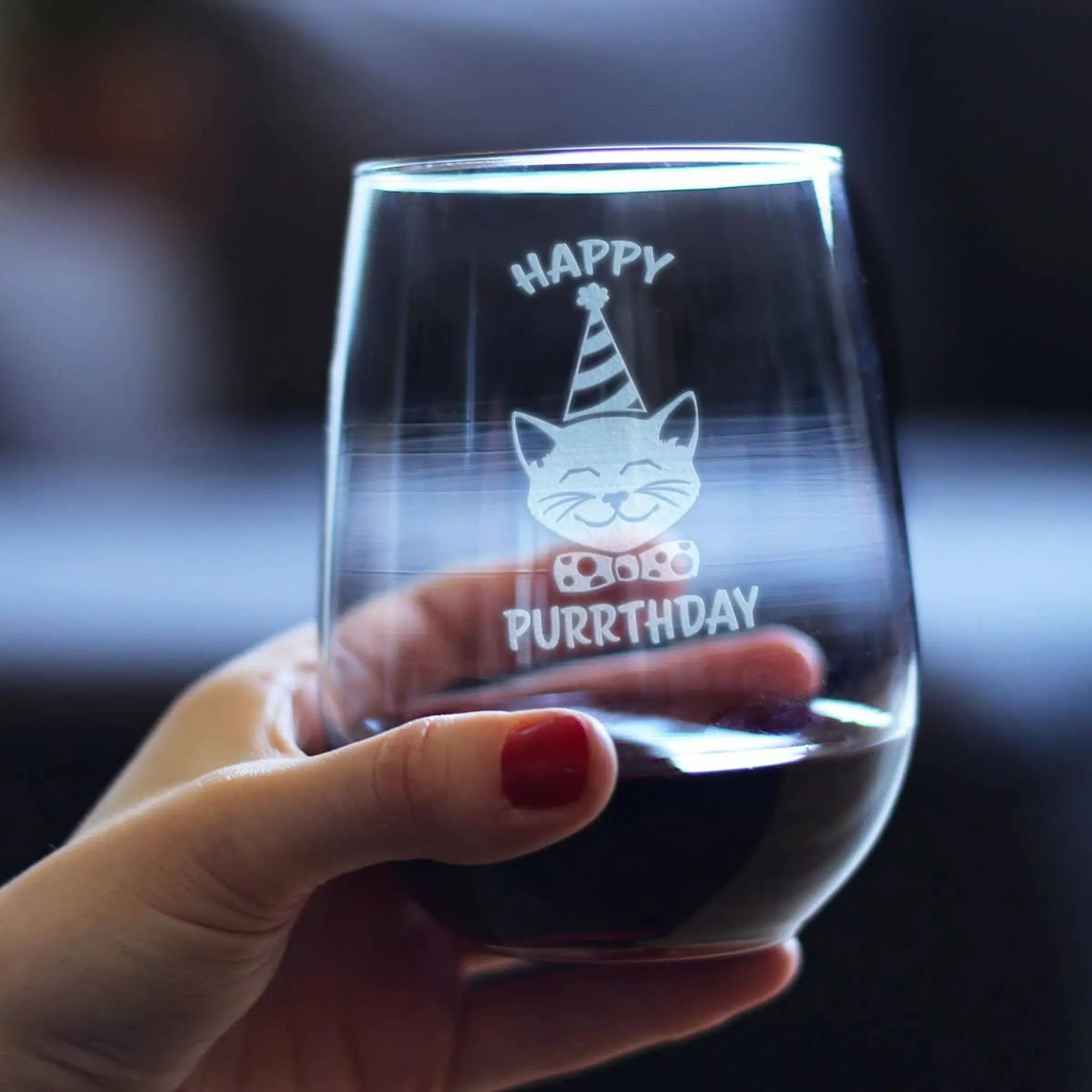 Happy Purrthday Stemless Wine Glass - Cat Birthday Gifts Bevvee