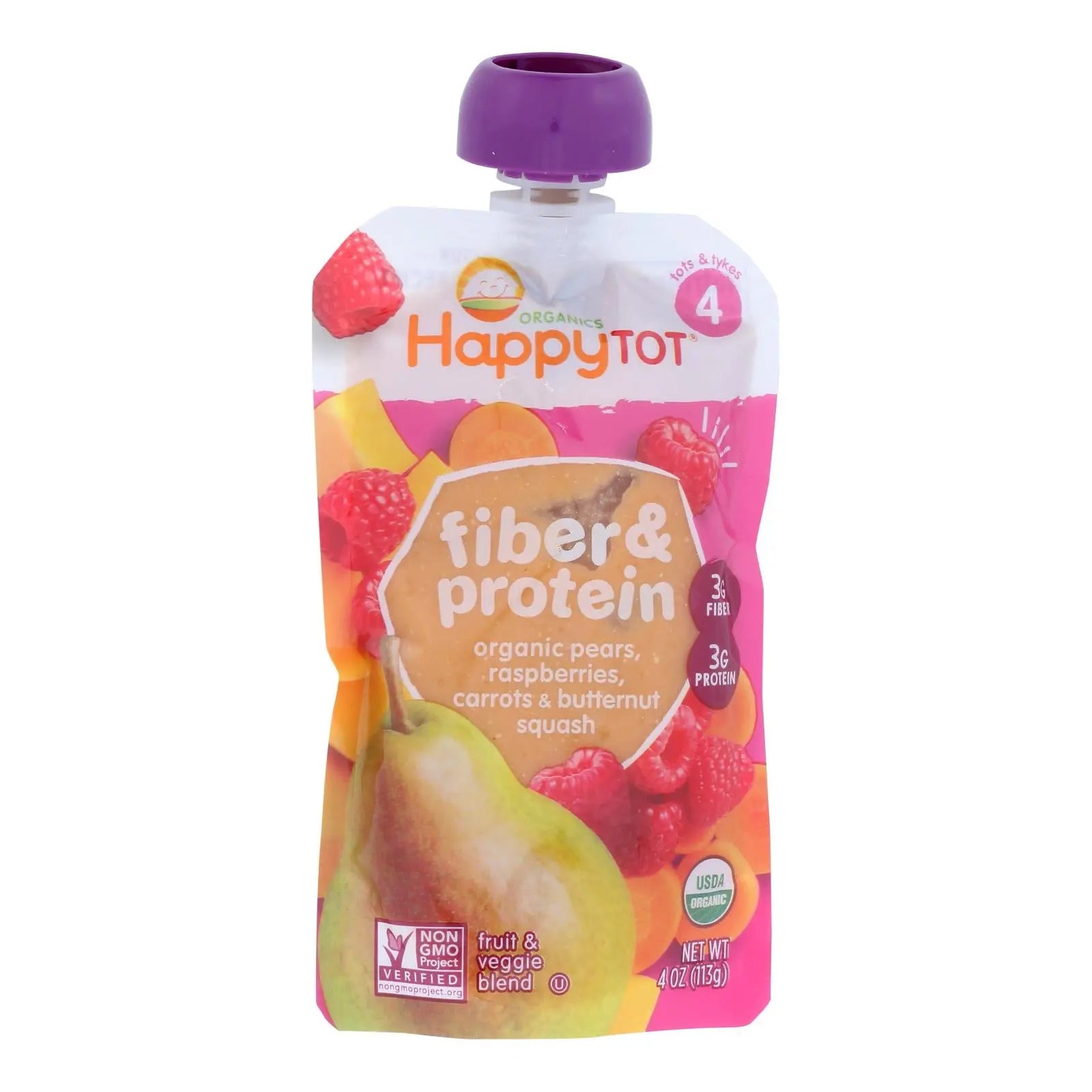 Happy Tot Toddler Food - Organic - Fiber And Protein - Stage 4 - Pear Raspberry Butternut Squash And Carrot - 4 Oz - Case Of 16 Happy Tot