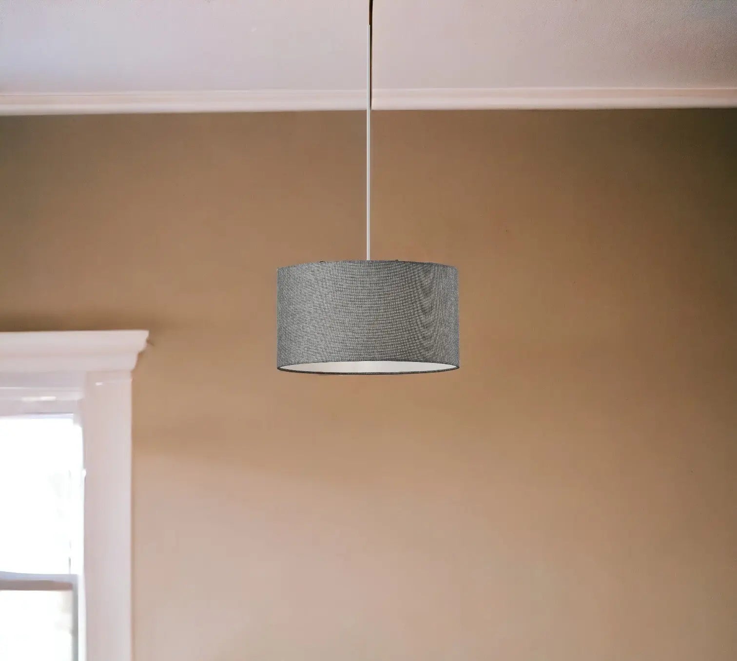 Heather Grey Fabric Shade Electric Drum Pendant - GreatEagleInc