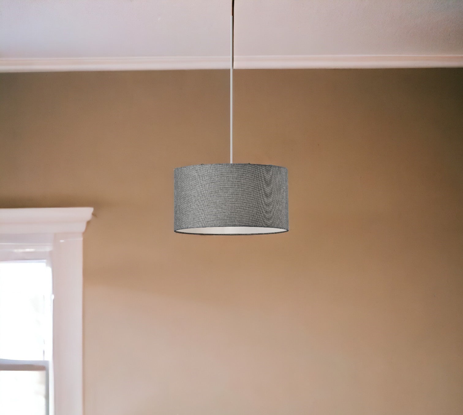 Heather Grey Fabric Shade Electric Drum Pendant - GreatEagleInc