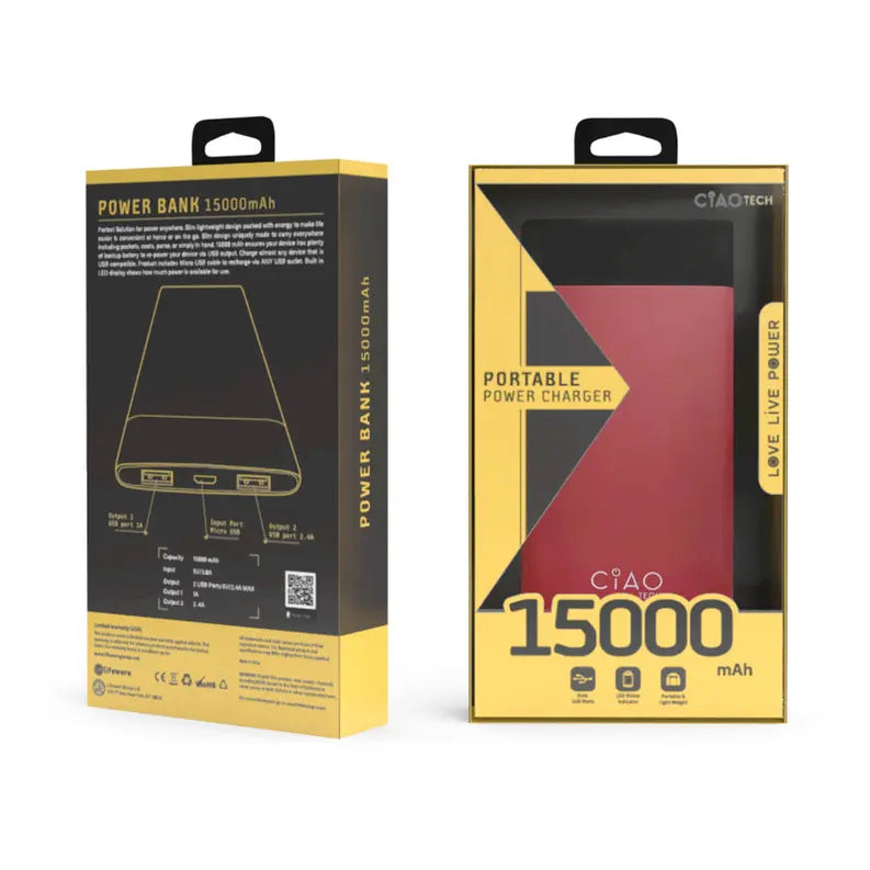 High Performance Stylish 15,000 mAh Rubberized Powerbank- Wine Red CIAO Tech