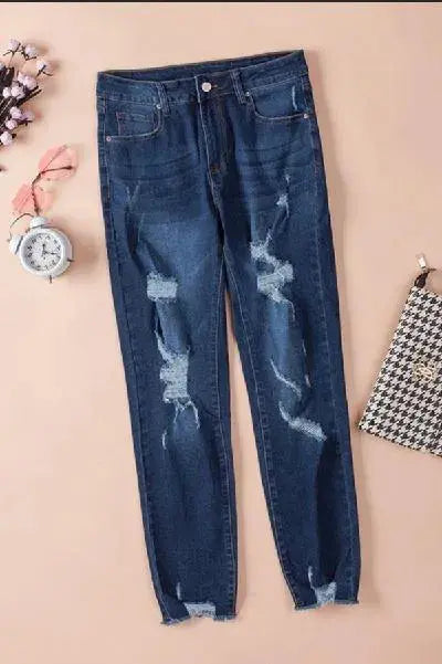 High Waist Cropped Distressed Ripped Jeans Stay Warm in Style