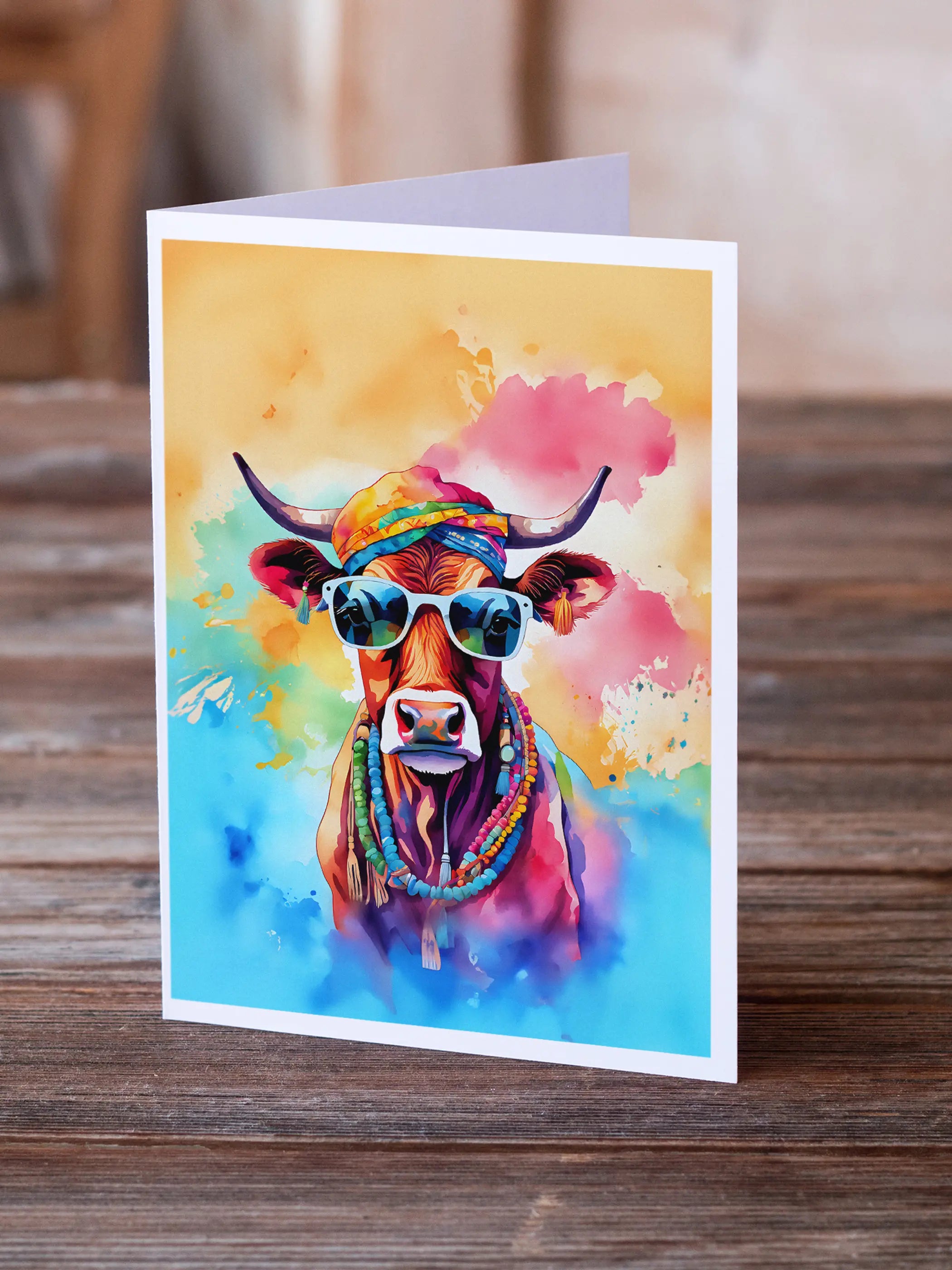 Hippie Animal Cow Greeting Cards Pack of 8 Caroline's Treasures