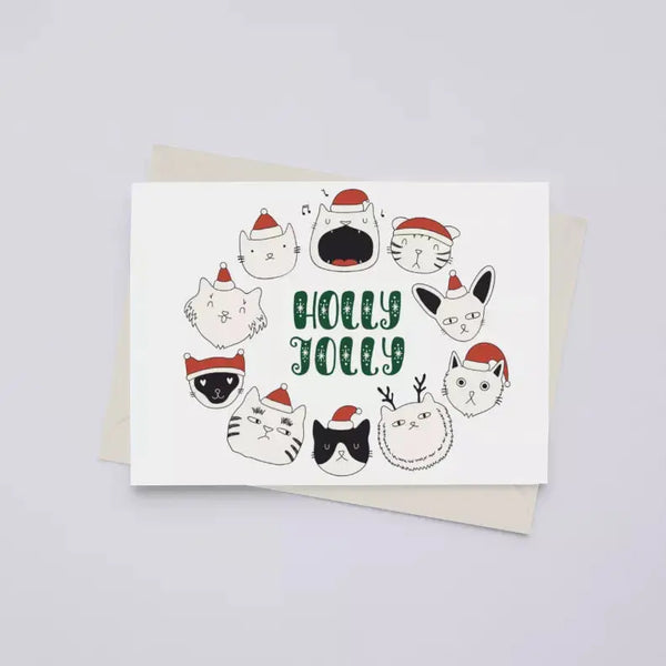 Holly Jolly Cat Wreath - Greeting Card Black Cat Bazaar