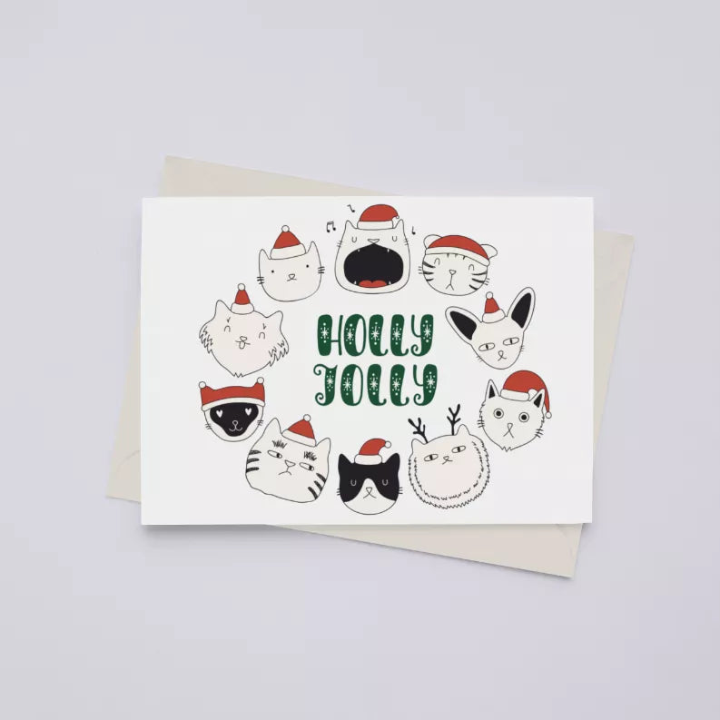 Holly Jolly Cat Wreath - Greeting Card Black Cat Bazaar