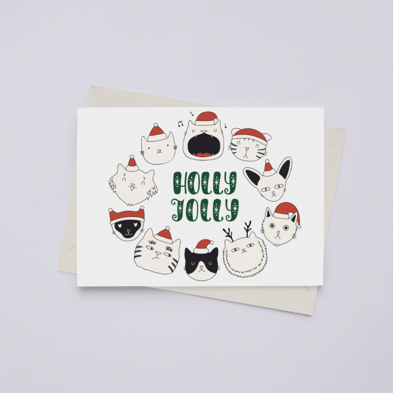 Holly Jolly Cat Wreath - Greeting Card Black Cat Bazaar