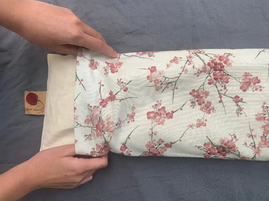 Hot Cherry Cervical/Rectangle Neck Pillow in Unbleached, Pre-washed, with Cherry Blossom Pillowcase Hot Cherry