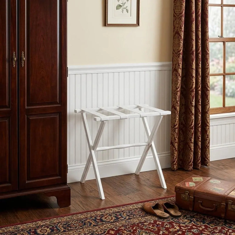 Hotel White Finish Wood Folding Luggage Rack With White Straps Homeroots Organization