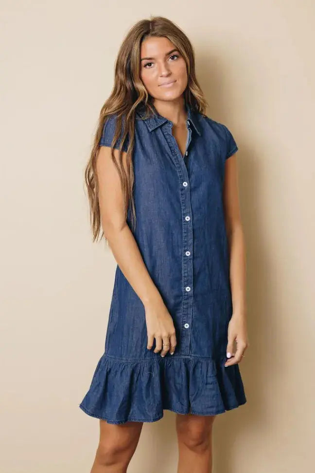 Illinois Denim Ruffle Dress Stay Warm in Style
