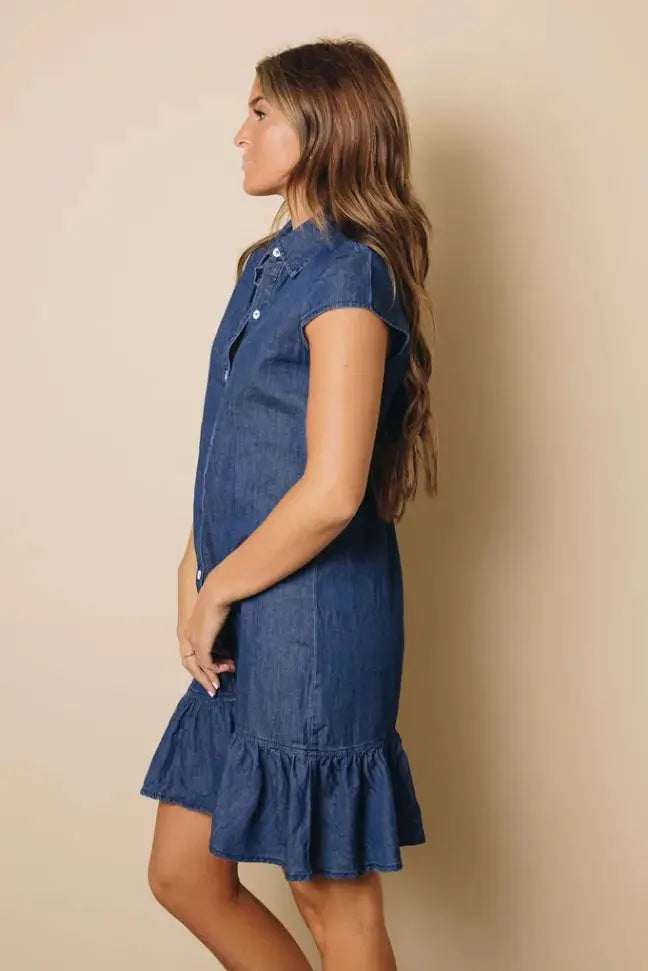 Illinois Denim Ruffle Dress Stay Warm in Style