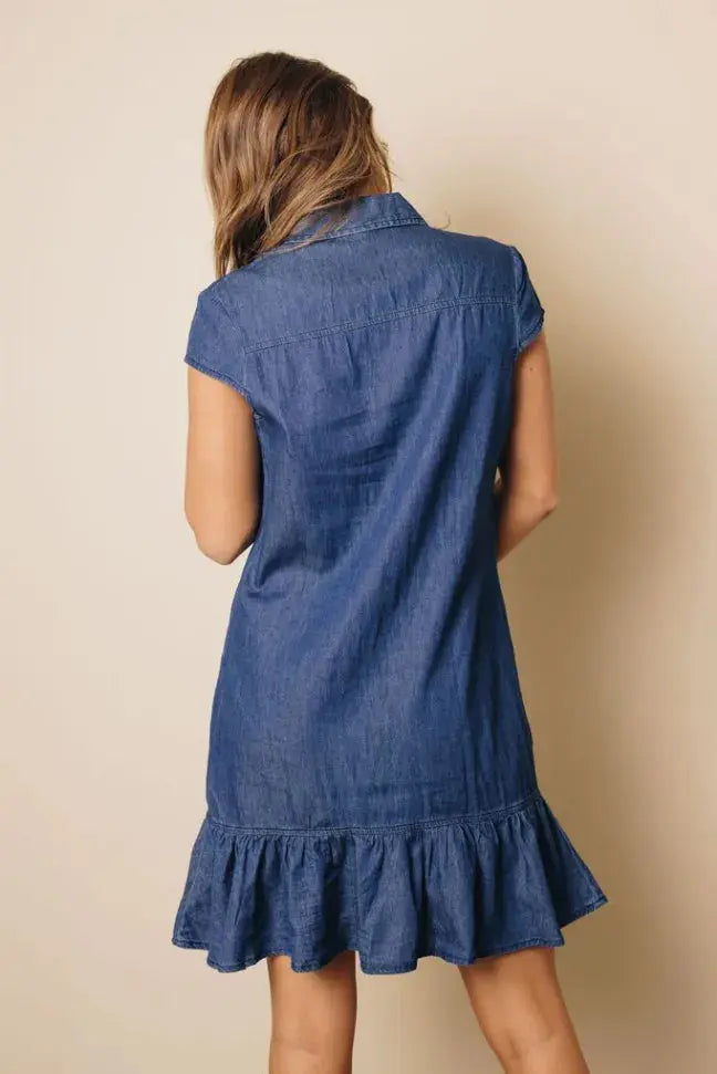 Illinois Denim Ruffle Dress Stay Warm in Style