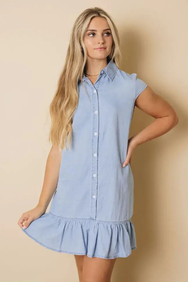 Illinois Denim Ruffle Dress Stay Warm in Style