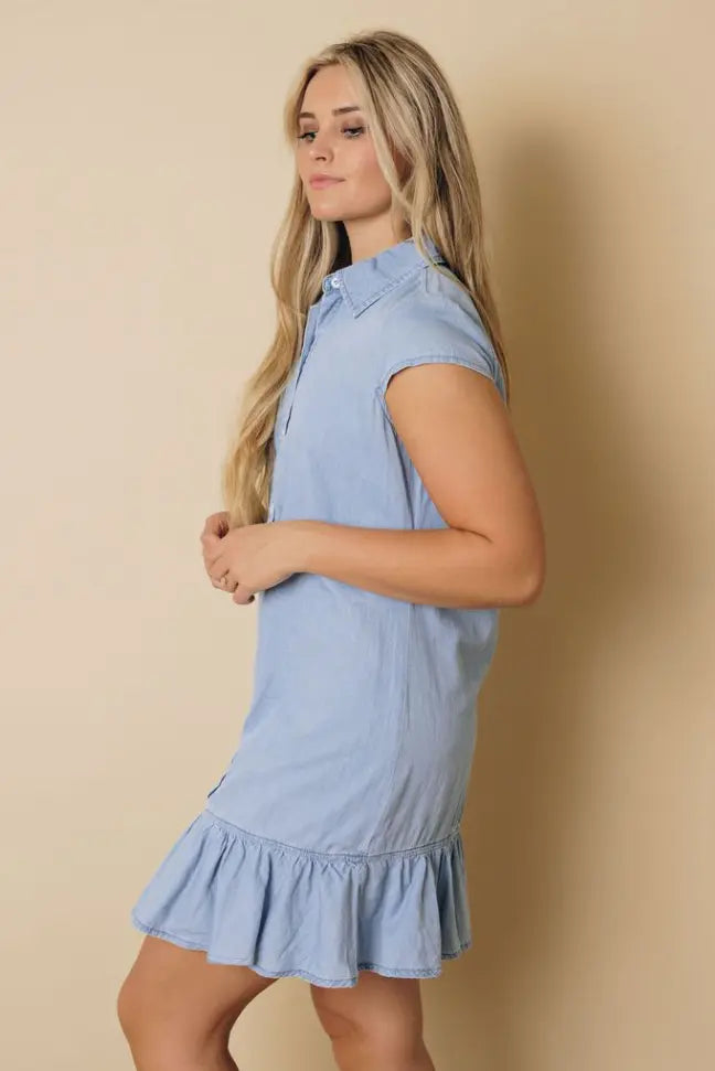 Illinois Denim Ruffle Dress Stay Warm in Style