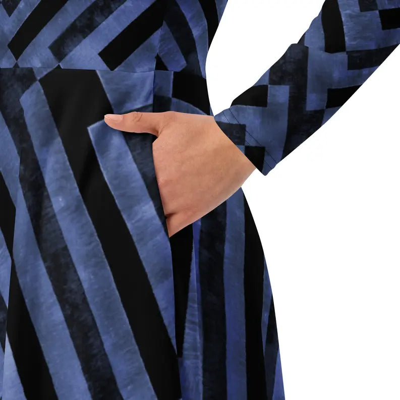 Indigo and Black Long Sleeve Midi Dress with Pockets Adirelounge