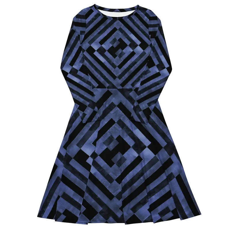 Indigo and Black Long Sleeve Midi Dress with Pockets Adirelounge