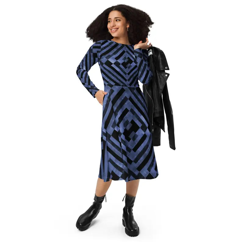 Indigo and Black Long Sleeve Midi Dress with Pockets Adirelounge