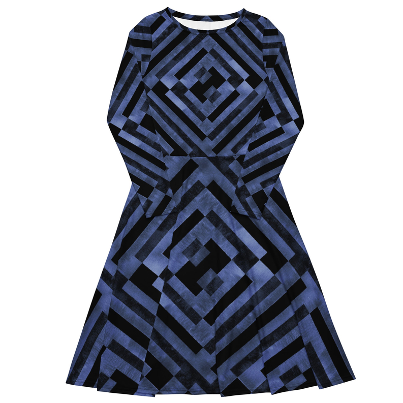 Indigo and Black Long Sleeve Midi Dress with Pockets Adirelounge