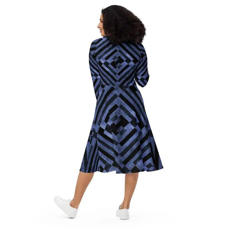 Indigo and Black Long Sleeve Midi Dress with Pockets Adirelounge