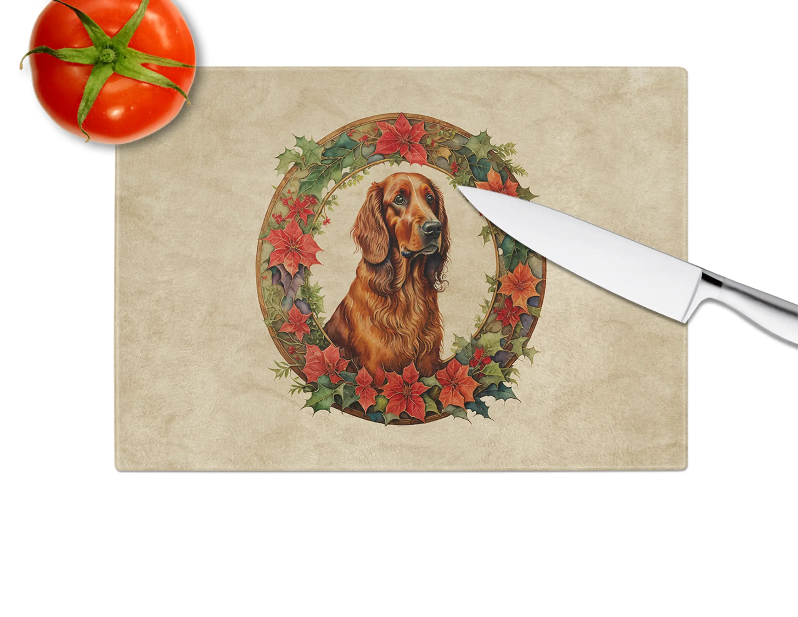 Irish Setter Christmas Flowers Glass Cutting Board Caroline's Treasures
