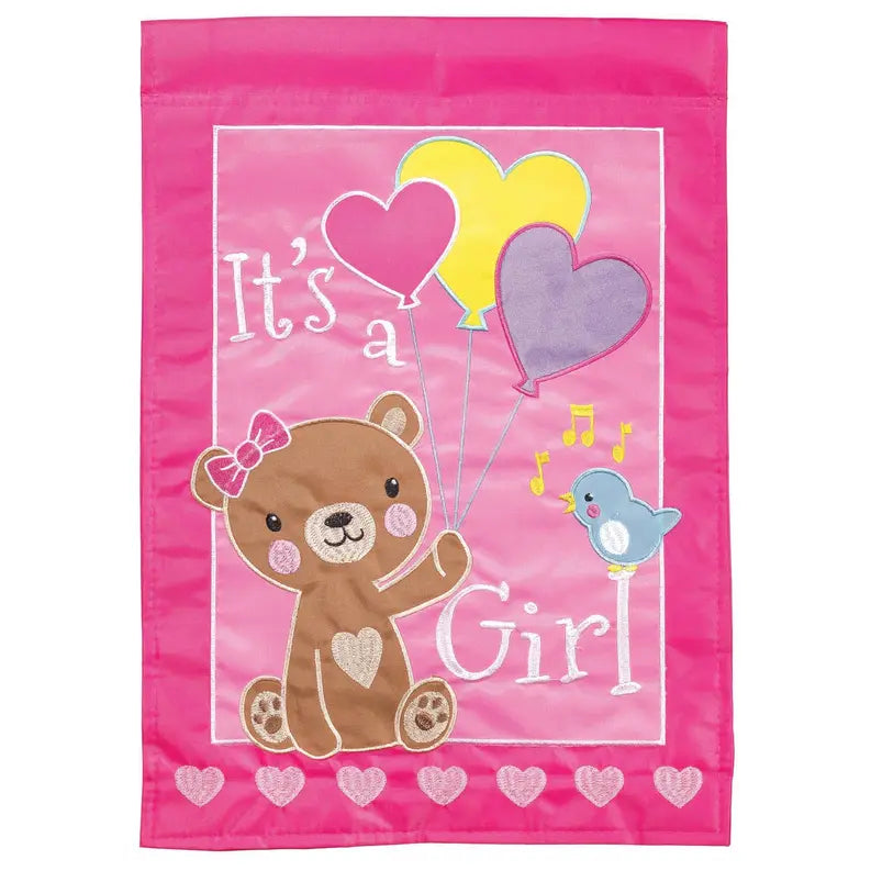 It's A Girl Bear Annoucement Flag Garden Double Applique Dicksons Inc
